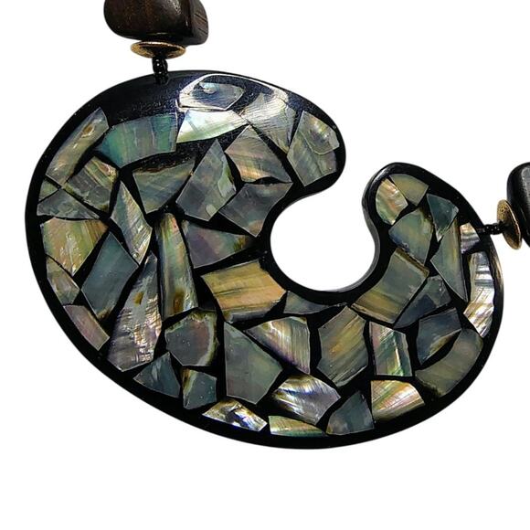 Vintage Blue Black Inlay Shell Beaded Lacquered Necklace Adjustable Chain Link - Picture 2 of 6